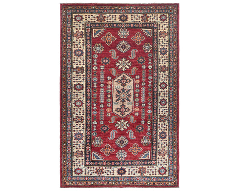3x5 Red Kazak Afghan Hand Knotted Geometric Wool Area Rug